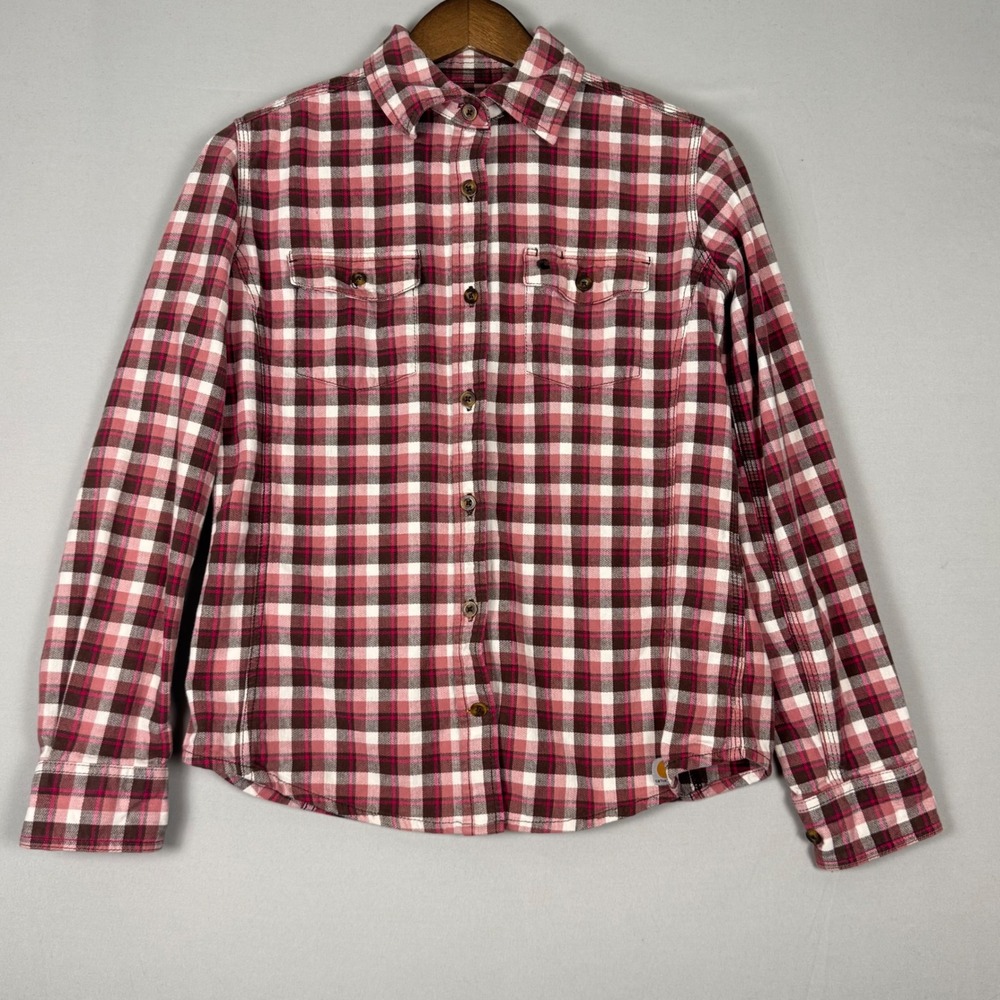 Carhartt Plaid Button Down Shirt Women Small Pink Brown NWOT Long Sleeve Stretch